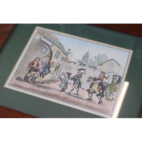 448 - Set of four framed and glazed satirical prints of early 19th century figures mounted in burr wood fr... 