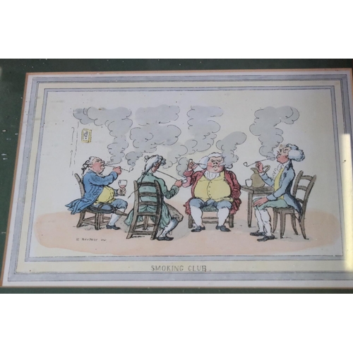 448 - Set of four framed and glazed satirical prints of early 19th century figures mounted in burr wood fr... 