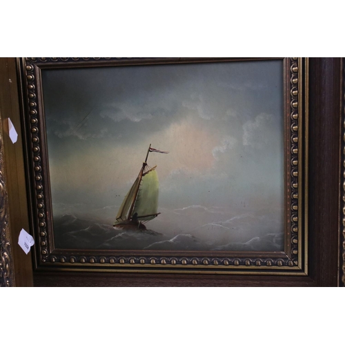 449 - Pair of Oil Paintings on Board of Sailing Boats at Sea, 24cm x 19cm, framed together with an Arthur ... 