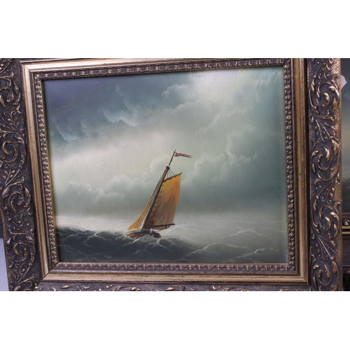 449 - Pair of Oil Paintings on Board of Sailing Boats at Sea, 24cm x 19cm, framed together with an Arthur ... 