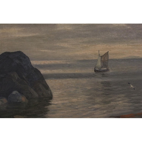 455 - Oil Painting on Canvas of a Coastal Scene with Sailing Boat, indistinctly signed lower right, 37cm x... 