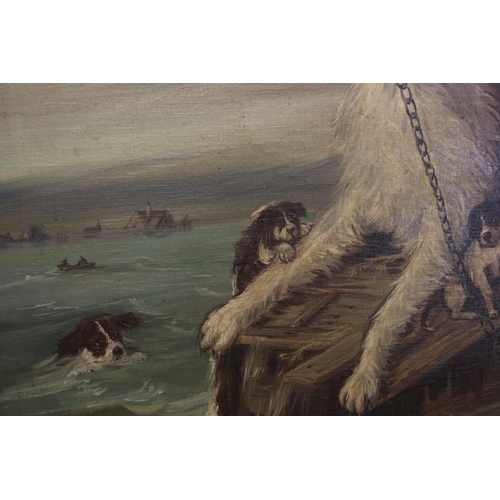 469 - 19th century oil on canvas of a dog saving her puppies, signed