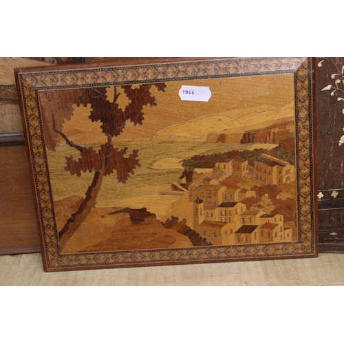 477 - Parquetry Inlaid Wooden Panel depicting a Fox Hunting Scene, 70cm x 52cm together with Italian Sorre... 