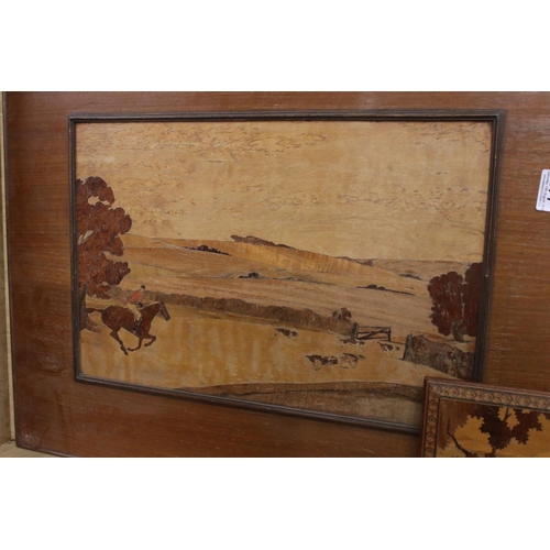 477 - Parquetry Inlaid Wooden Panel depicting a Fox Hunting Scene, 70cm x 52cm together with Italian Sorre... 