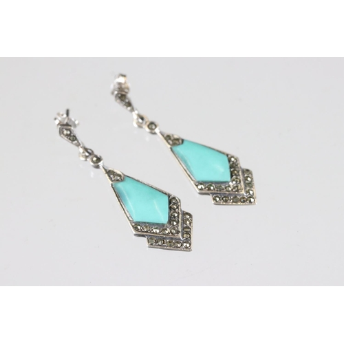 180 - Pair of Art Deco style silver CZ and turquoise panelled drop earrings