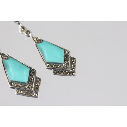 180 - Pair of Art Deco style silver CZ and turquoise panelled drop earrings