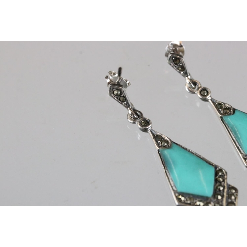 180 - Pair of Art Deco style silver CZ and turquoise panelled drop earrings