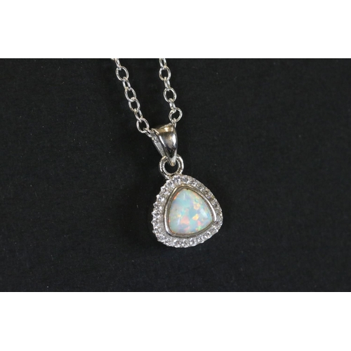 180A - Silver CZ and opal panelled pendant necklace on silver chain