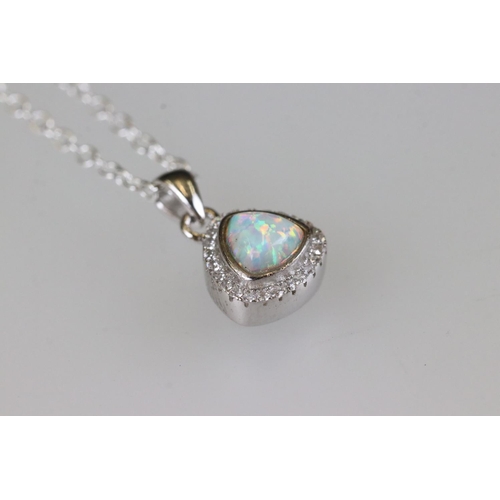 180A - Silver CZ and opal panelled pendant necklace on silver chain