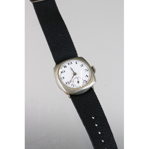 181 - WW1 Officers trench watch with ceramic dial, wire lugs and poker hands, with new NATO canvas strap