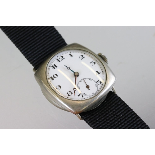 181 - WW1 Officers trench watch with ceramic dial, wire lugs and poker hands, with new NATO canvas strap