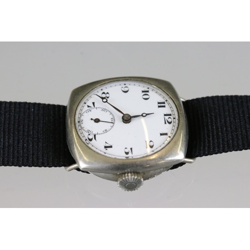 181 - WW1 Officers trench watch with ceramic dial, wire lugs and poker hands, with new NATO canvas strap