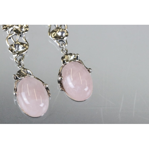 182 - Pair of silver and rose quartz Art Nouveau style drop earrings