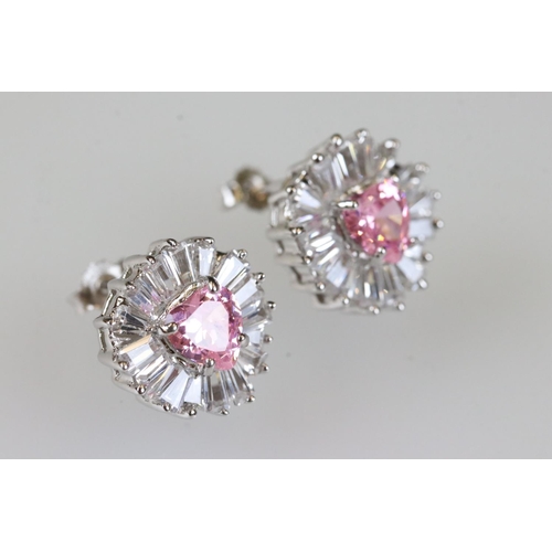 184 - Pair of silver pink CZ cluster earrings