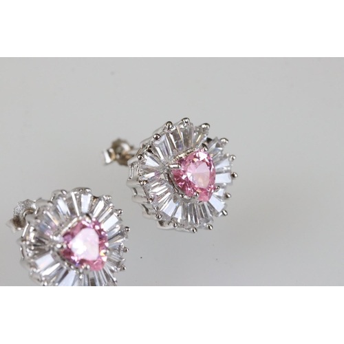 184 - Pair of silver pink CZ cluster earrings