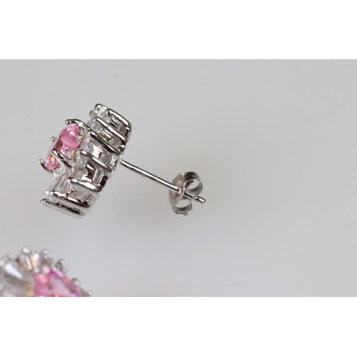 184 - Pair of silver pink CZ cluster earrings