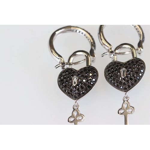 197 - Pair of silver and black CZ heart shaped earrings