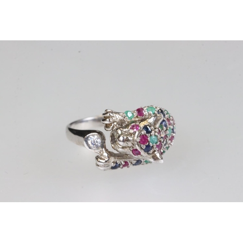 219 - Silver panther ring set with semi precious stones