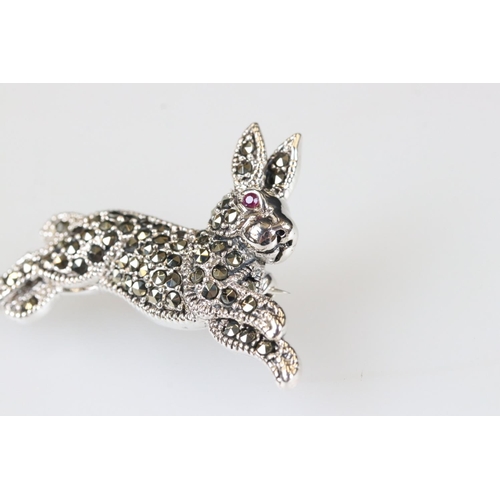 220 - Silver and marcasite Peter Rabbit brooch with ruby eyes