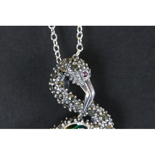 223 - Silver and plique-a-jour flamingo pendant / brooch necklace