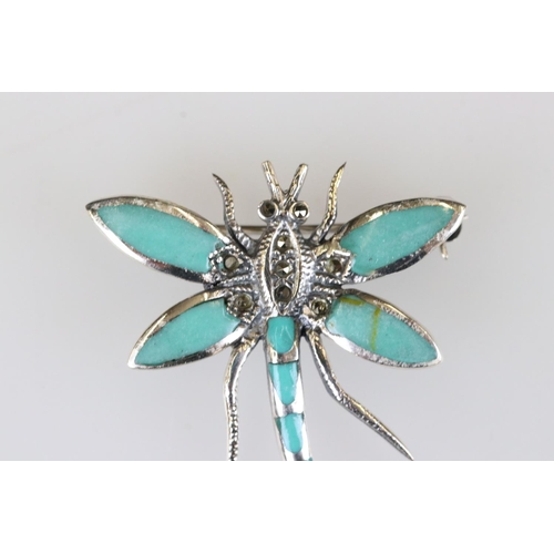 225 - Silver and turquoise dragonfly brooch