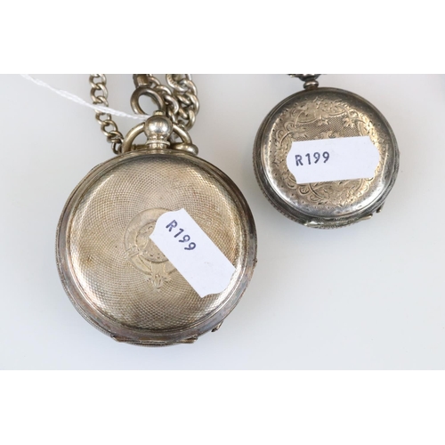 236 - Two fully hallmarked sterling silver pocket watches together with silver Albert chains.