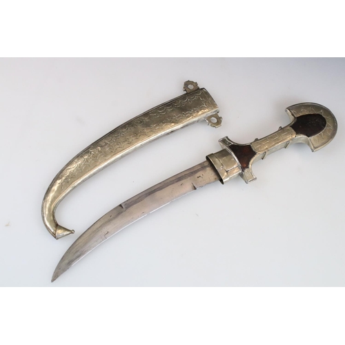 257 - White metal Persian dagger with curved blade and scabbard