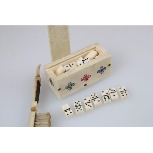 258 - 19th century Napoleonic prisoner of war bone manicure, together with a miniature domino set and port... 