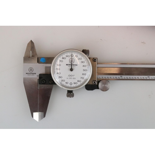 264 - A cased Mitutoyo six inch micrometer with dial calliper and dial depth gage.