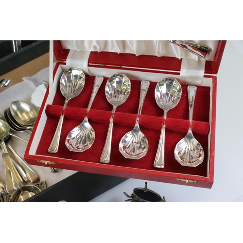 280 - A mixed collection of silver plated items to include cutlery, pin cushion, trays...etc together with... 