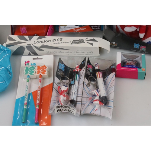 287 - A collection of London 2012 Olympic Games official products to include figures, cards, bag, relay ba... 