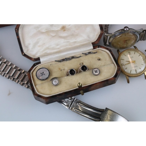 307 - A group of mixed collectables to include watches, button hook, cufflinks and studs, silk cigarette c... 