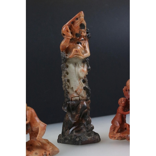 317 - A Chinese soapstone carving of a Merman ((鲛人 (jiāorén)) together with two Chinese soapstone brush po... 