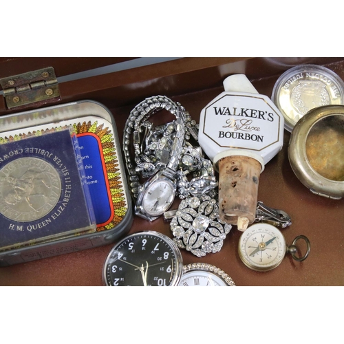 328 - Case of mixed collectables, to include 9ct gold chain & pendant, gents Swiss watch, pocket watches, ... 