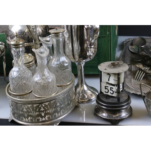 409 - Quantity of silver plate, to include condiments, cups, tray, cutlery etc (2 boxes)