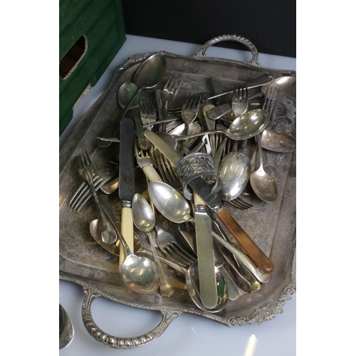 409 - Quantity of silver plate, to include condiments, cups, tray, cutlery etc (2 boxes)