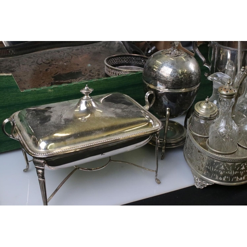 409 - Quantity of silver plate, to include condiments, cups, tray, cutlery etc (2 boxes)