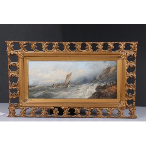 494 - Pair of 19th century Oil Paintings on Board, Coastal Scenes of Sailing Boats in Rough Seas, 32.5cm x... 