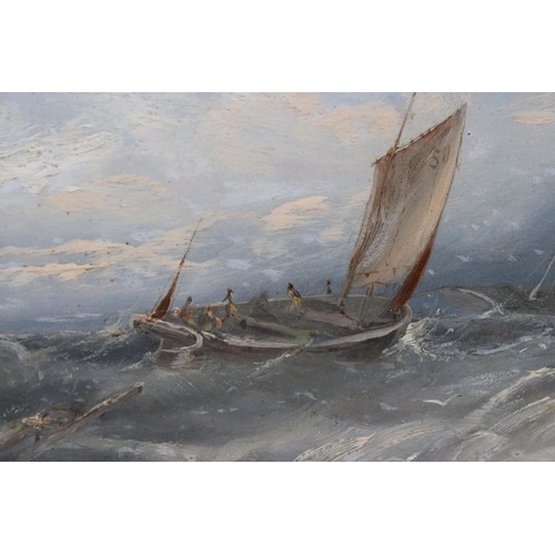 494 - Pair of 19th century Oil Paintings on Board, Coastal Scenes of Sailing Boats in Rough Seas, 32.5cm x... 