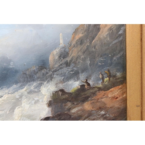 494 - Pair of 19th century Oil Paintings on Board, Coastal Scenes of Sailing Boats in Rough Seas, 32.5cm x... 