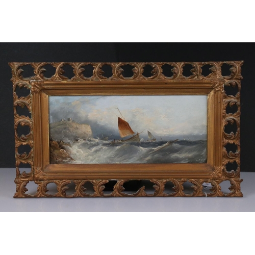 494 - Pair of 19th century Oil Paintings on Board, Coastal Scenes of Sailing Boats in Rough Seas, 32.5cm x... 