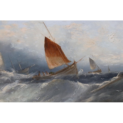 494 - Pair of 19th century Oil Paintings on Board, Coastal Scenes of Sailing Boats in Rough Seas, 32.5cm x... 