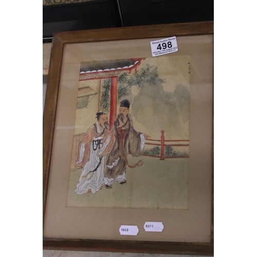 498 - Chinese Watercolour on Silk of Two Elders, 17cm x 22cm together with Two Pairs of Chinese Embroideri... 