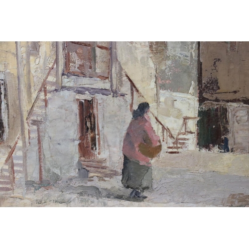 507 - William Diverall, oils on board, extensive farm scene with woman in courtyard, signed