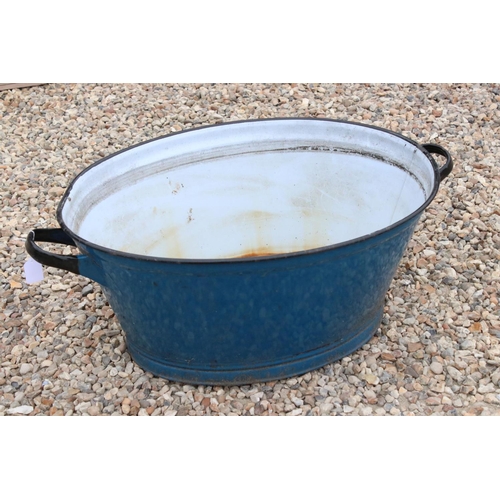 520 - Large Vintage Blue Enamelled Wash Tub / Garden Planter, 83cm long x 31cm high