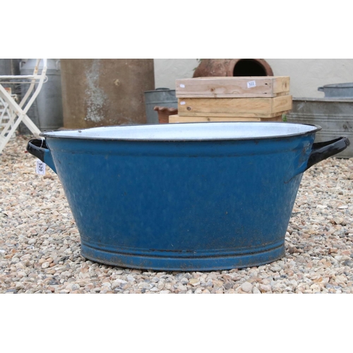 520 - Large Vintage Blue Enamelled Wash Tub / Garden Planter, 83cm long x 31cm high