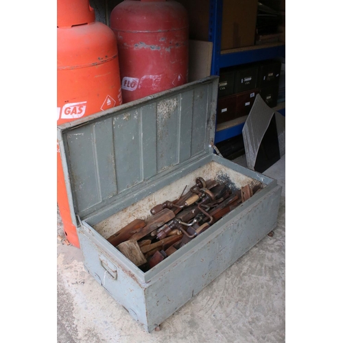 629 - Early to Mid century Metal Tool Chest containing a quantity of old tools mostly Wooden Planes plus s... 