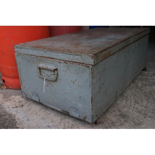 629 - Early to Mid century Metal Tool Chest containing a quantity of old tools mostly Wooden Planes plus s... 