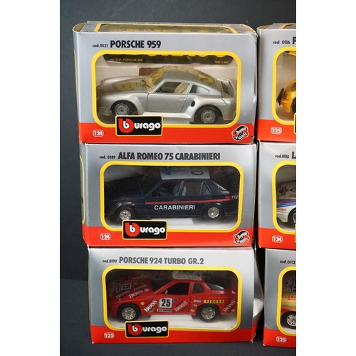 1100 - 13 Boxed Burago 1/24 diecast models to include 0116 Peugeot 205 Safari, 0121 Porsche 959, 0188 Alfa ... 