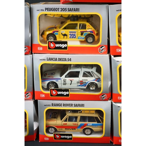 1100 - 13 Boxed Burago 1/24 diecast models to include 0116 Peugeot 205 Safari, 0121 Porsche 959, 0188 Alfa ... 